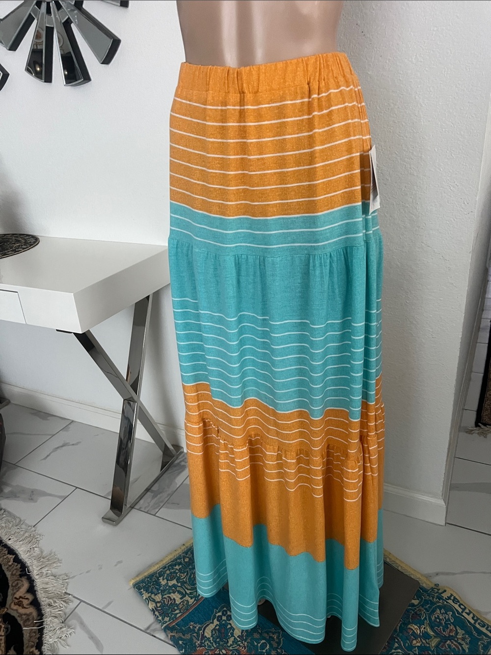 NWT(LuLaRoe)Orange & blue ,Teal Striped women’s Maxi Skirt, Length 40” Size L